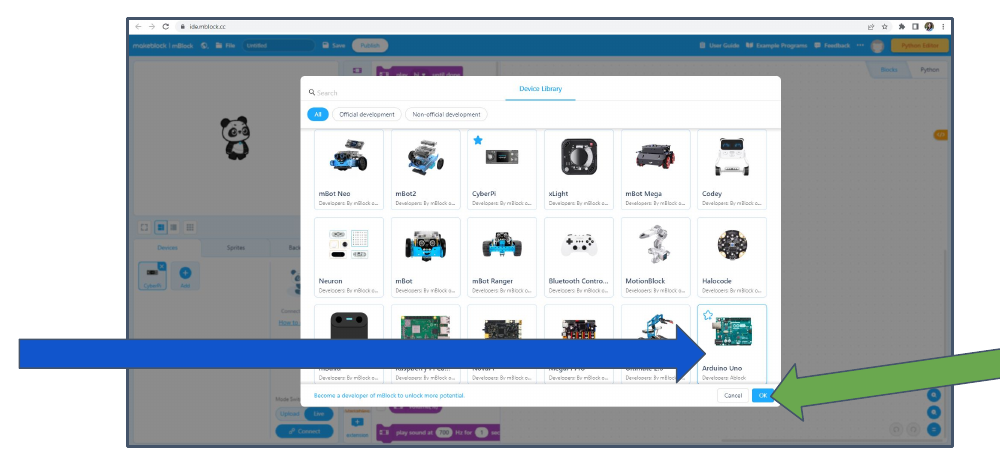 May 2022 NeuroMaker reference identifying the standard Arduino Uno board tile in the mBlock Device Library