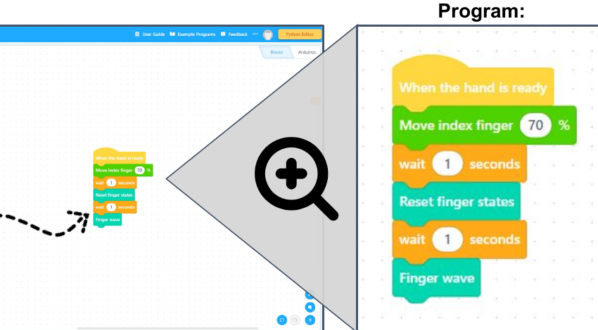 May 2022 NeuroMaker reference showing a HAND program beginning with When the hand is ready and the Upload button