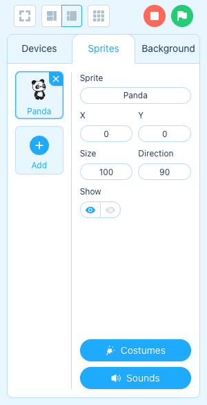Current mBlock Sprites panel showing the blue X on the default Panda card