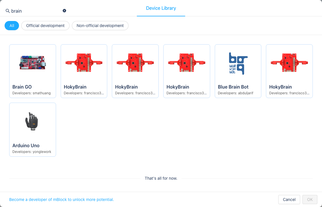 Current mBlock Device Library search for brain showing Arduino Uno by developer yonglework