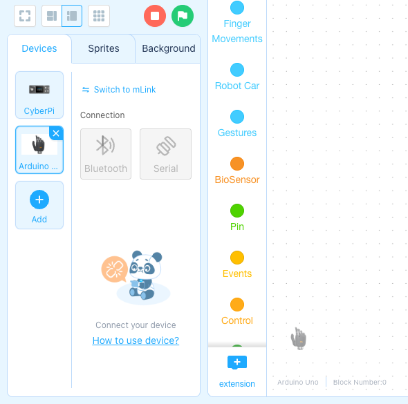 Current mBlock editor with Arduino Uno selected and HAND block categories visible